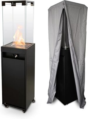 Planika Faro - Foyer Décoratif avec Cheminée pour Jardin - Chauffage de Terrasse au Gaz Propane - Extérieur - Portable - Minimaliste - Noir - avec Hosse de Protection - 8kW