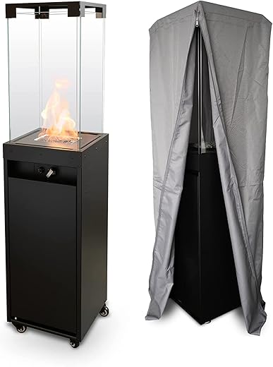 Planika Faro - Foyer Décoratif avec Cheminée pour Jardin - Chauffage de Terrasse au Gaz Propane - Extérieur - Portable - Minimaliste - Noir - avec Hosse de Protection - 8kW